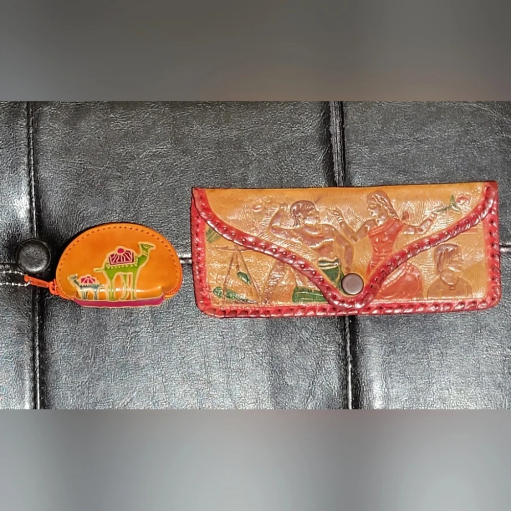 Vtg Handcrafted Tooled Gen.Leather Eyeglass Case/Wallet and Camel Coin-Key P…